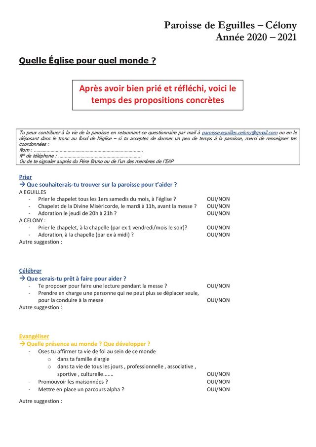 Quelle Eglise pour quel monde questionnaire