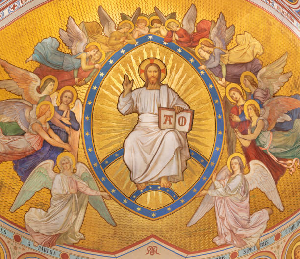 Prague - The fresco of Christ the Pantokrator among the angels by Josef Matyas Trenkwald and Gustav Vacek (second half of the 19th  cent.)