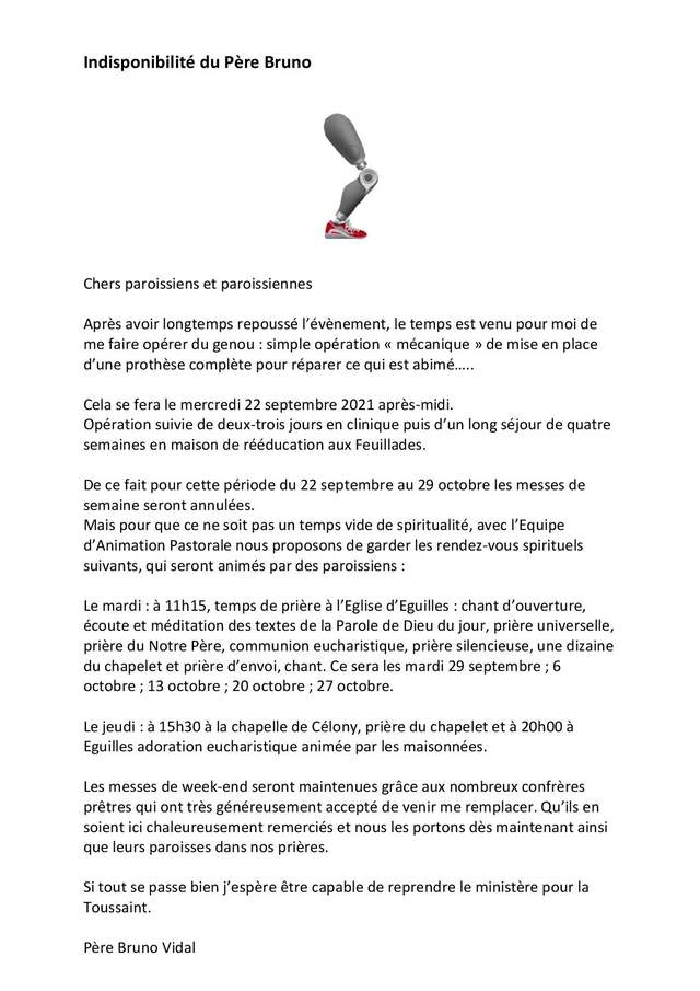 Indisponibilité du Père Bruno