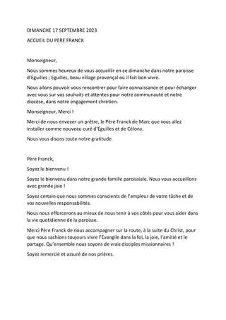 Mot d accueil paroisse