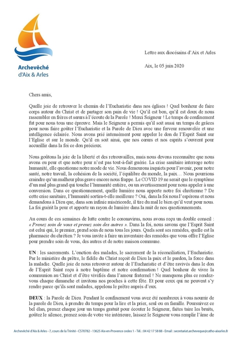 Lettre aux diocésains dAix et Arles 06 2020
